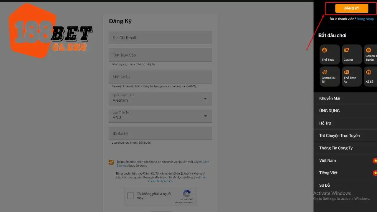 giao diện trang chủ 188bet chọn nút đăng ký